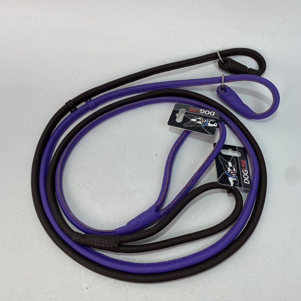 2X Dog Line Group Round Leather Slip Lead. W 3/8" - L 60". Purple + Brown